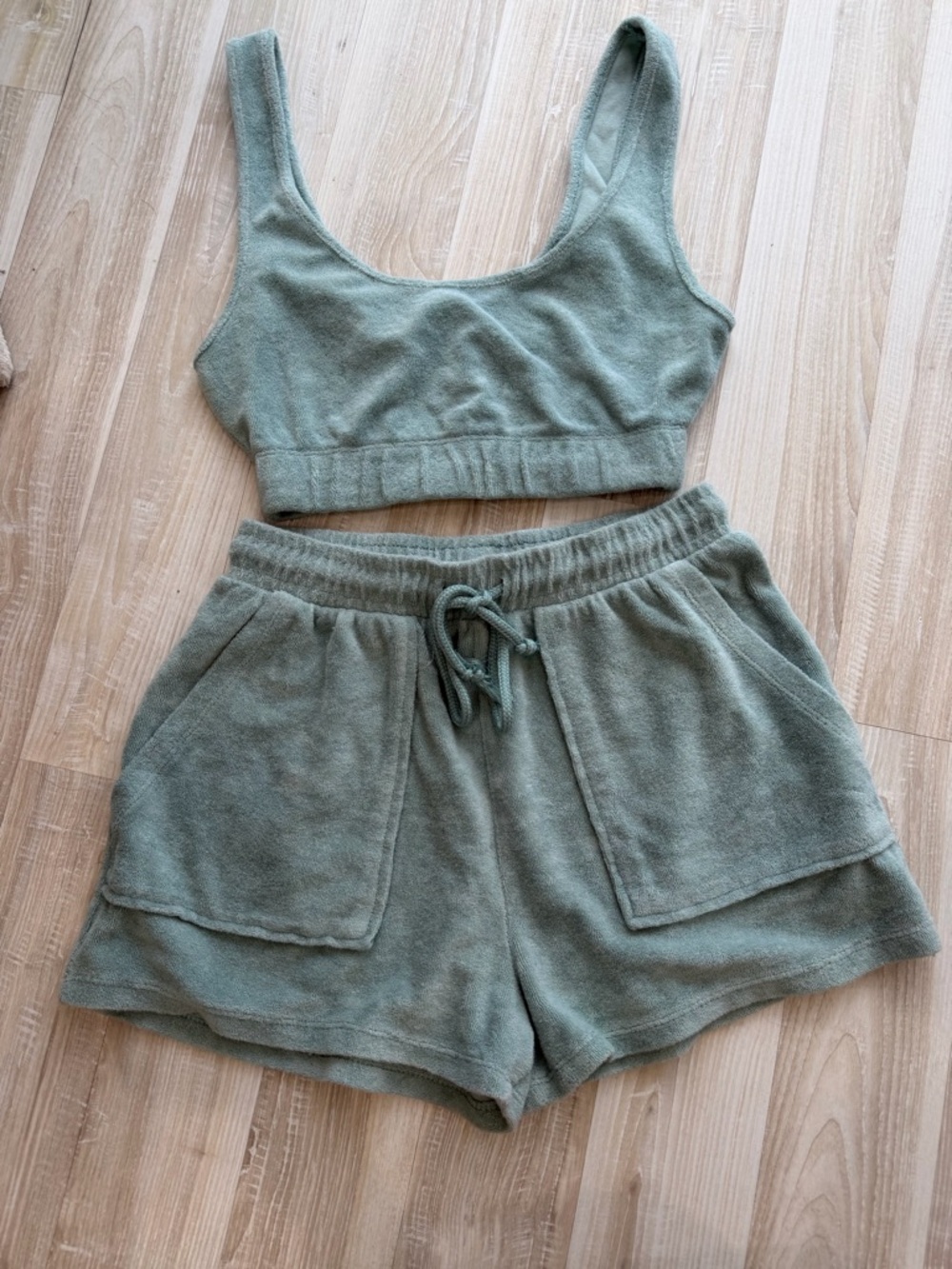 Zara Sage Green High Waist Terry Shorts